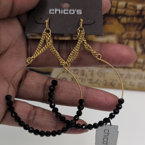 Chico's Elegant Black and Gold Hoop Earrings - Picture 4 of 5
